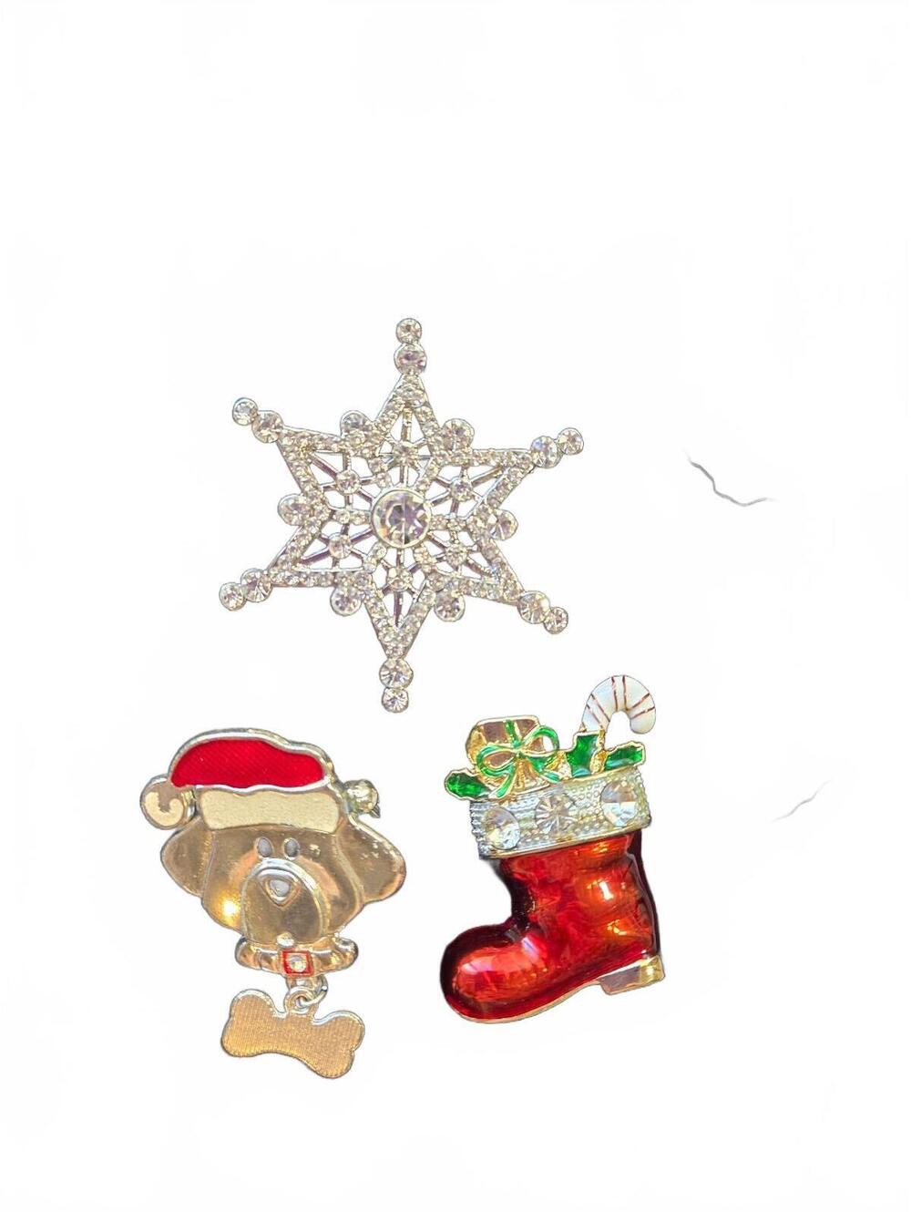 Brooch / Set of 3 Christmas Holiday / Snowflake, Santa Dog, and Stocking